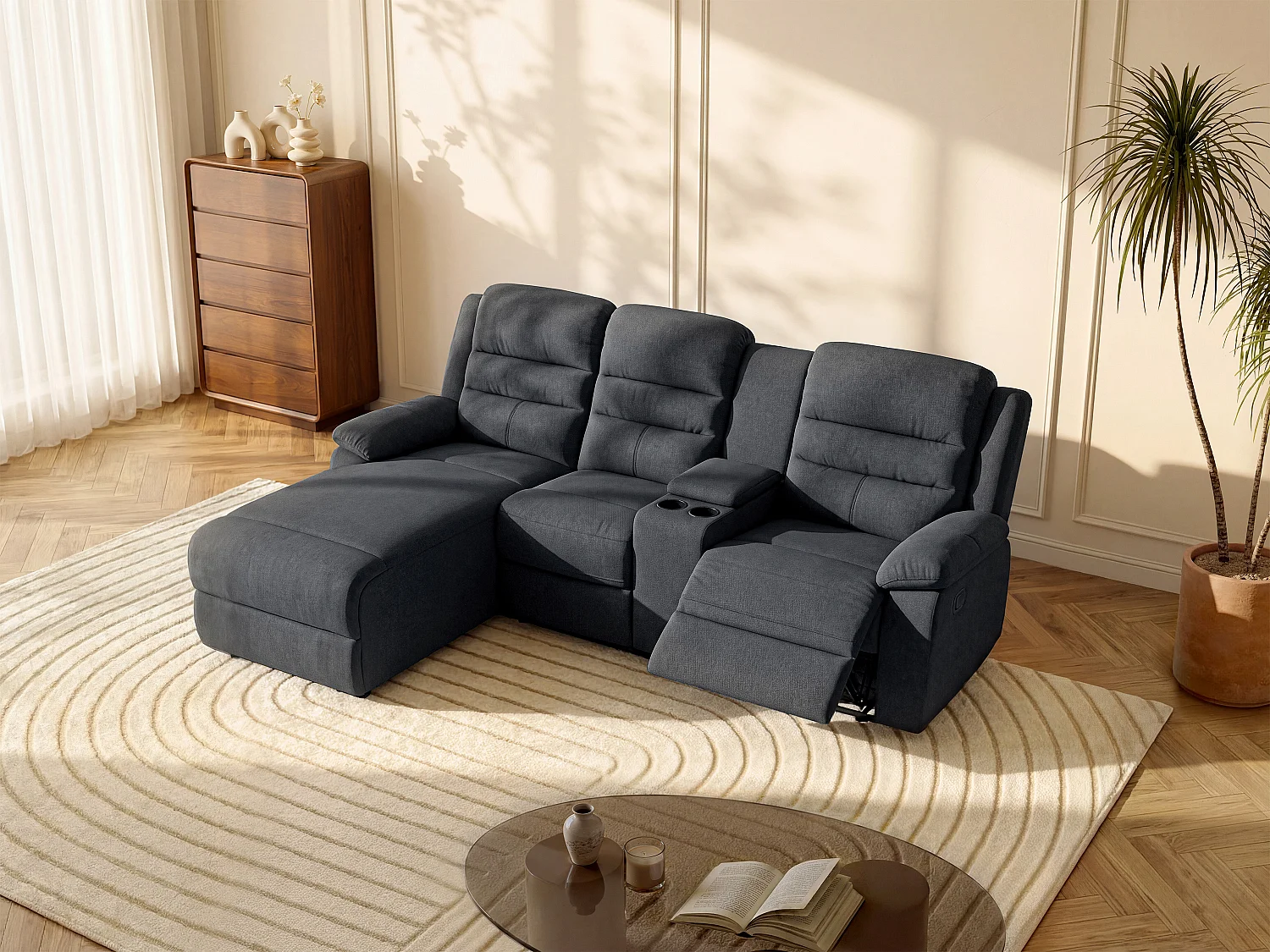 Sofá de canto esquerdo articulado em tecido antracite - MACEDONIA