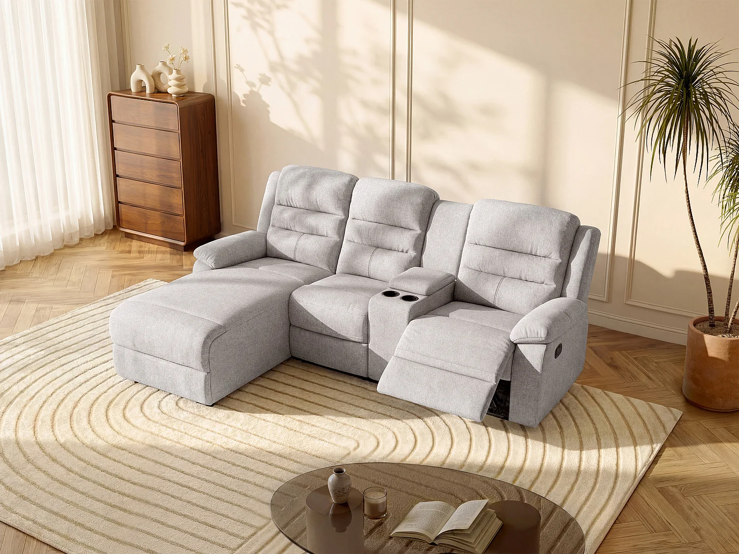 Sofá de canto esquerdo articulado em tecido bege - MACEDONIA