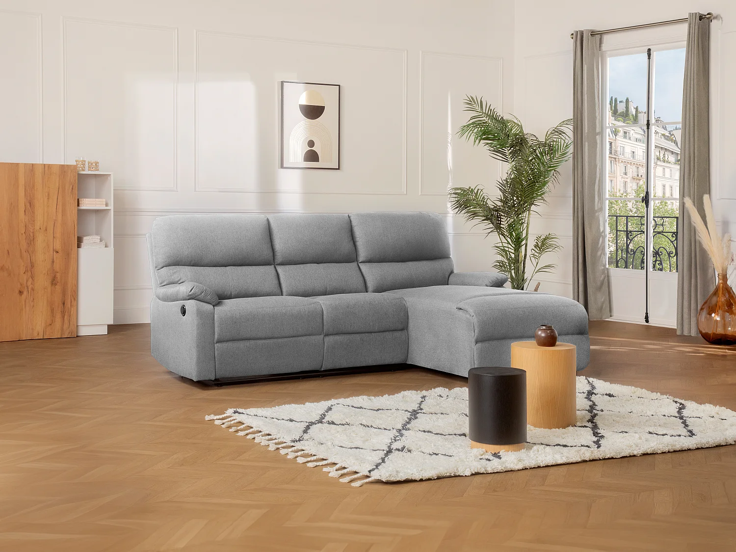Canapé d'angle droit relax électrique en tissu gris clair LUNANO