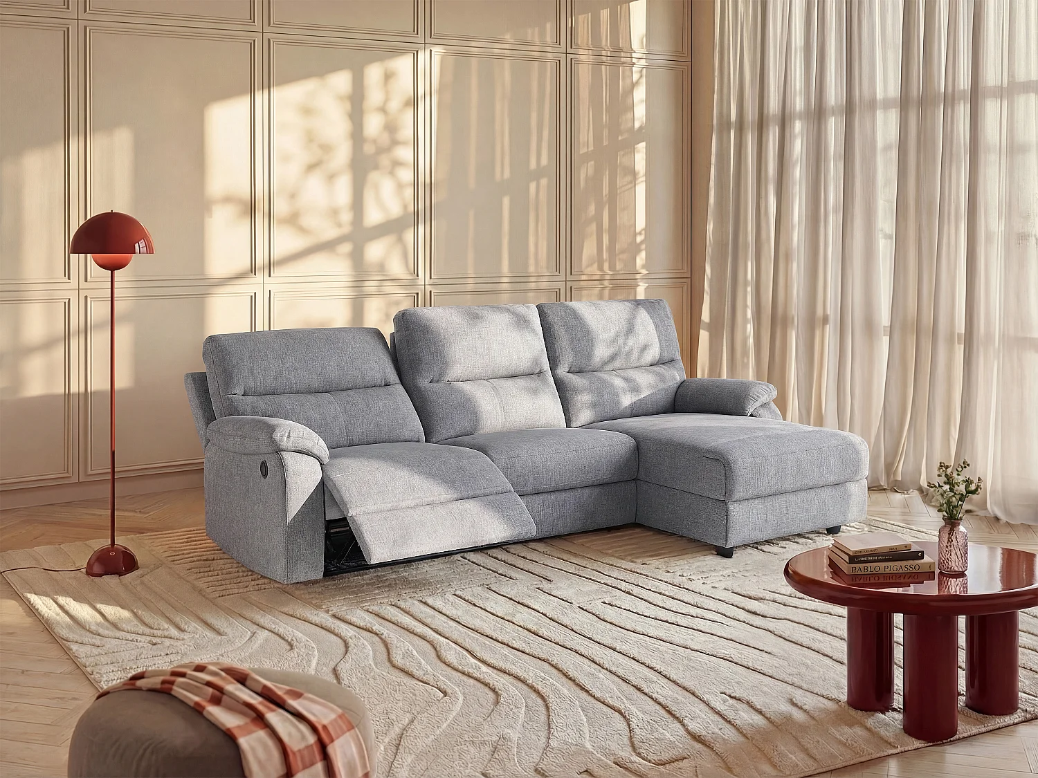 Canapé d'angle droit relax électrique en tissu gris clair LUNANO