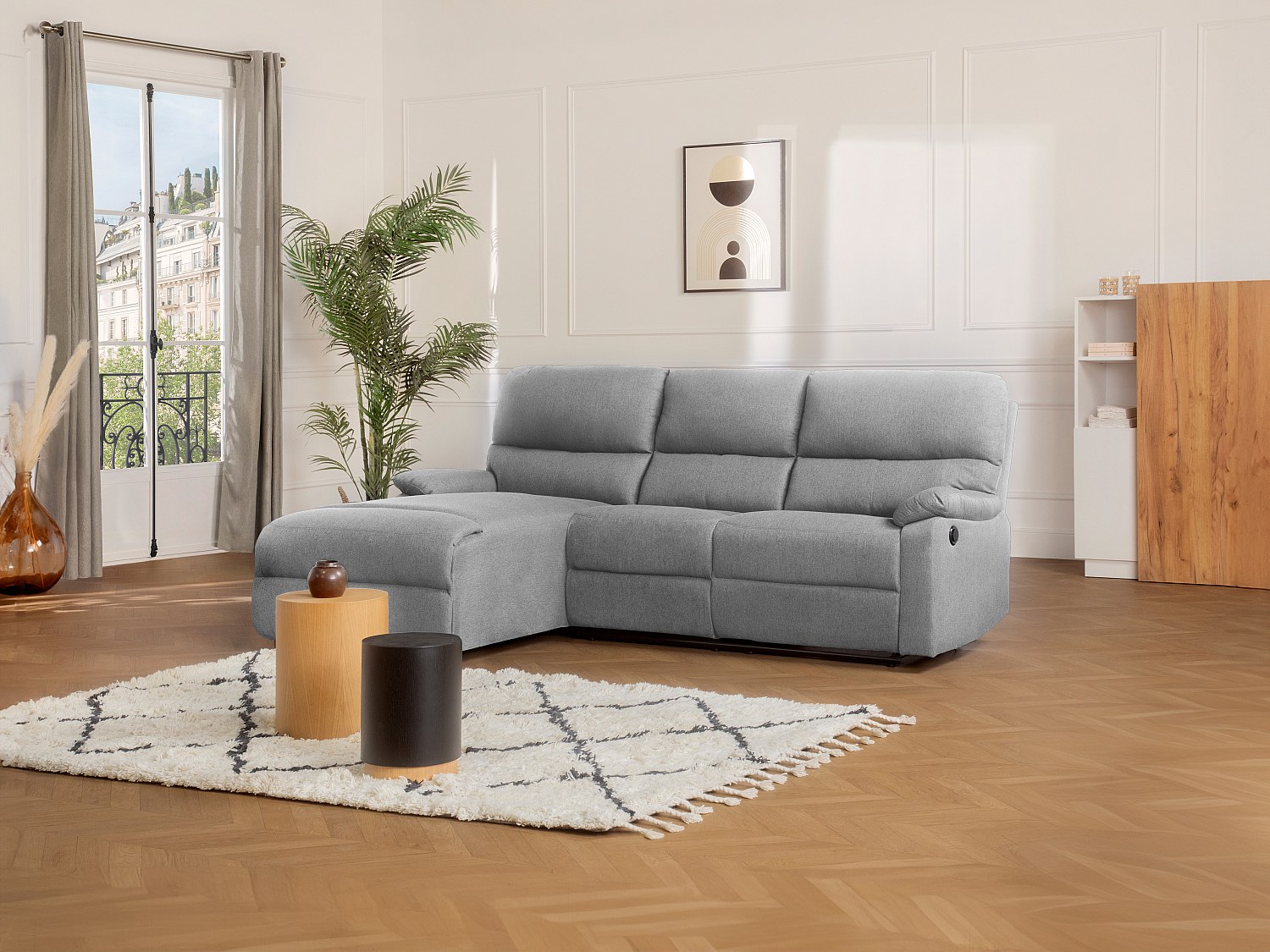 Vente-unique Ecksofa Relaxsofa Elektrisch - Stoff - Ecke Links - Hellgrau - Lunano