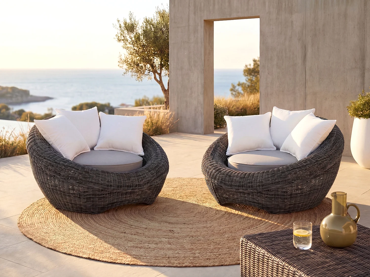 Conjunto de 2 cadeirões de jardim em resina entrançada cor cinza - WHITEHEAVEN