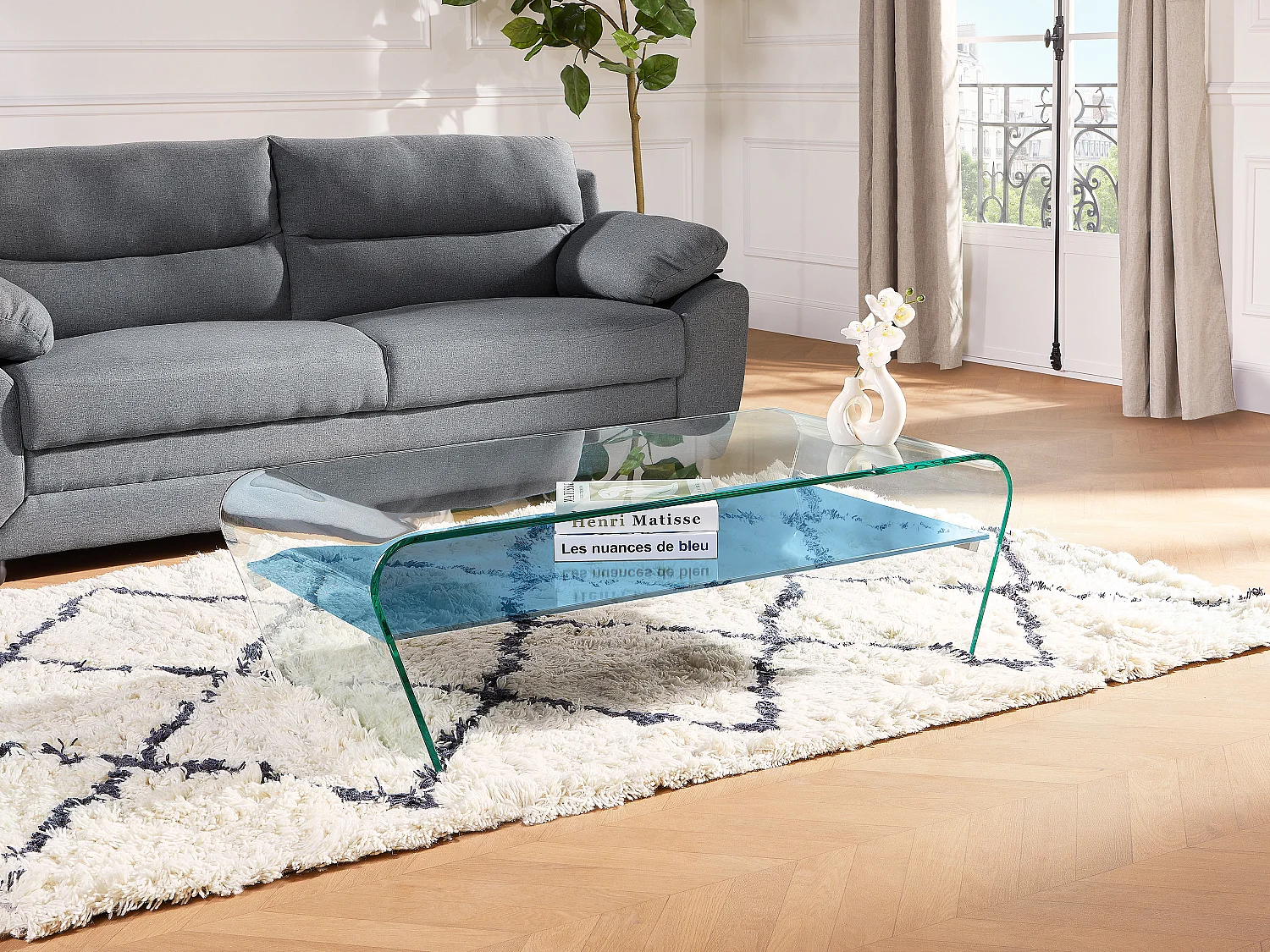 Table basse - Verre trempé - Tablette bleue laquée - KELLY