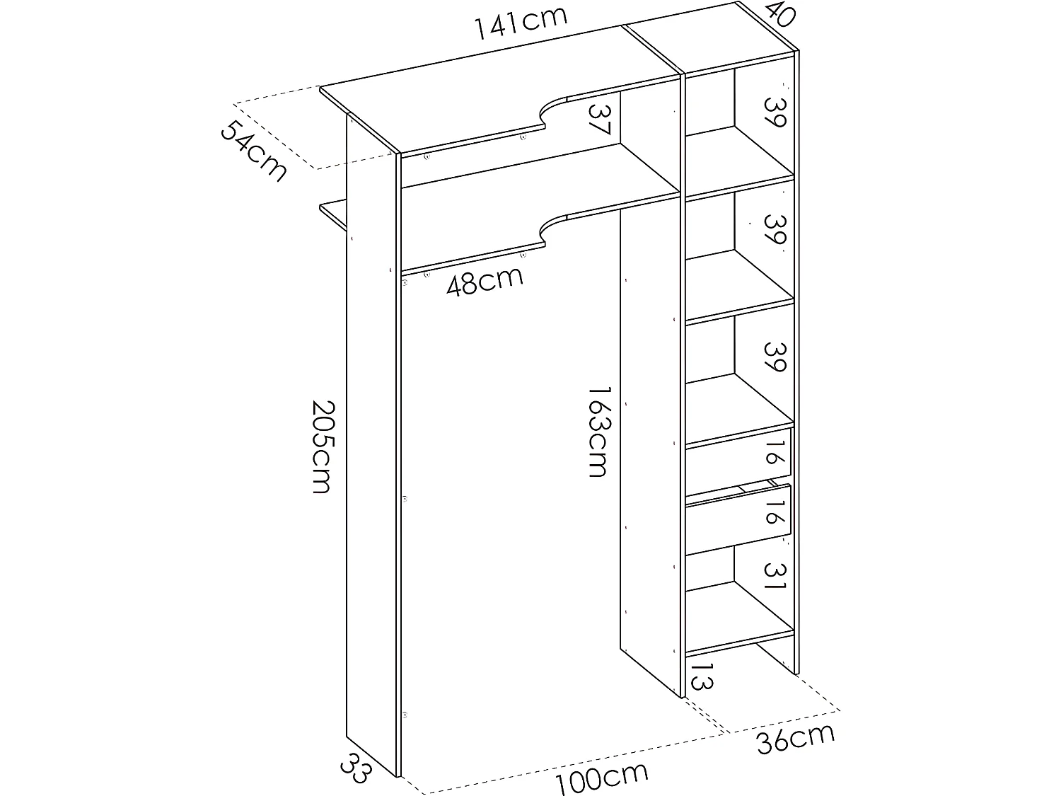 Justerbar hjørnegarderobesskab GONTRAN - L164/214 cm - Hvid og grå