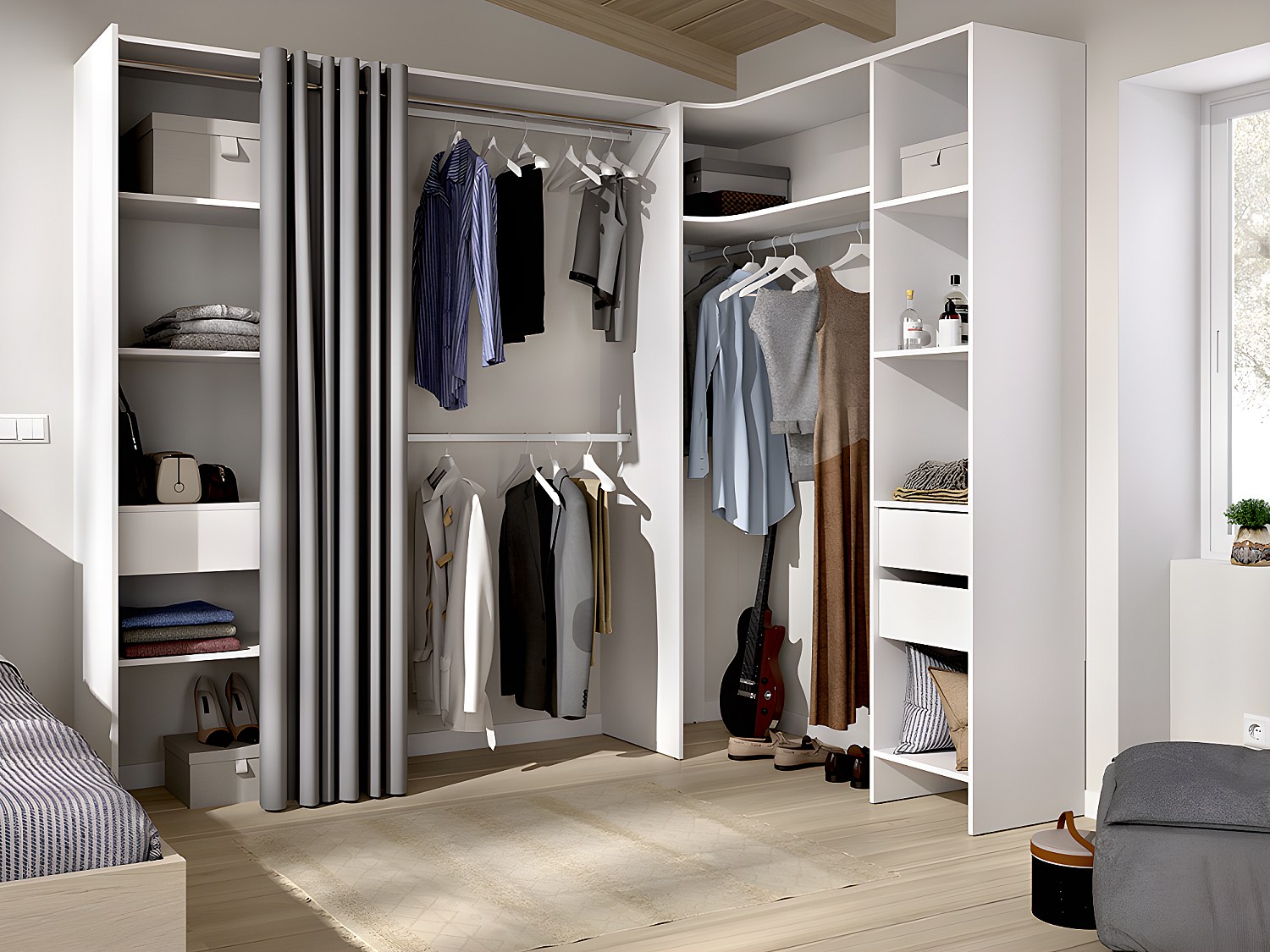 Vente-unique Eckkleiderschrank Kleiderschranksystem - B. 164/214 Cm - Weiß & Grau - Gontran