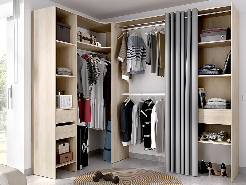 Eckkleiderschrank Kleiderschranksystem - B. 164/214 cm - Eichefarben & Grau - GONTRAN