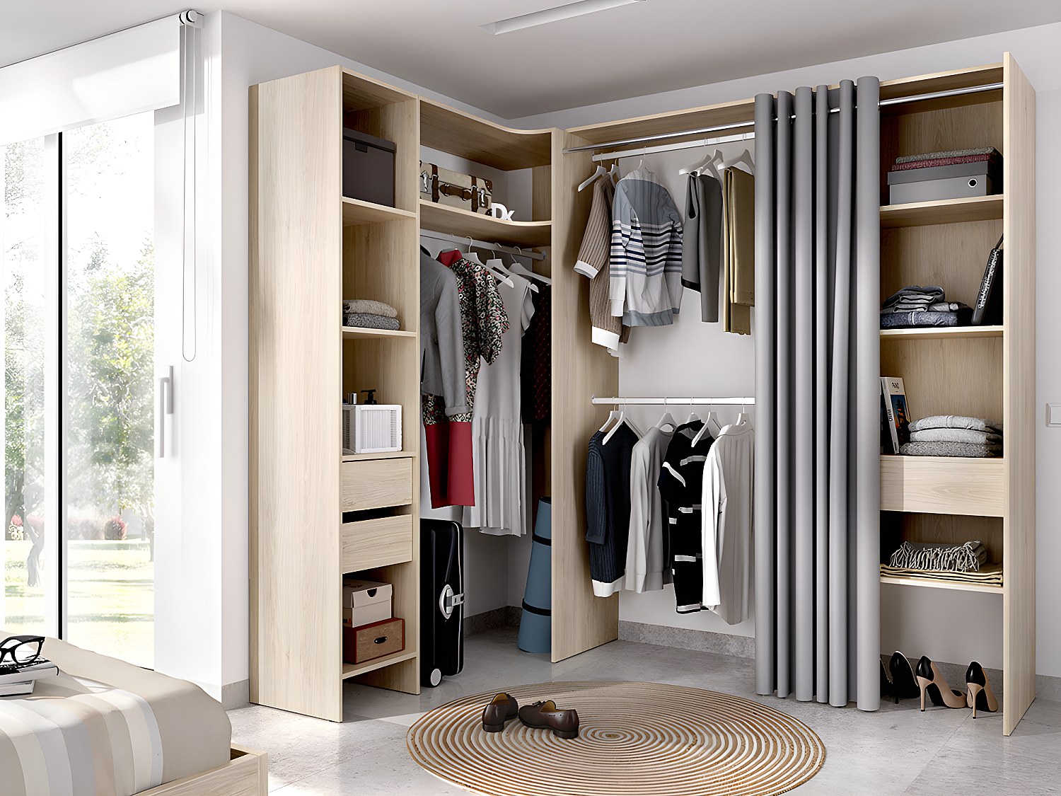 Vente-unique Eckkleiderschrank Kleiderschranksystem - B. 164/214 Cm - Eichefarben & Grau - Gontran