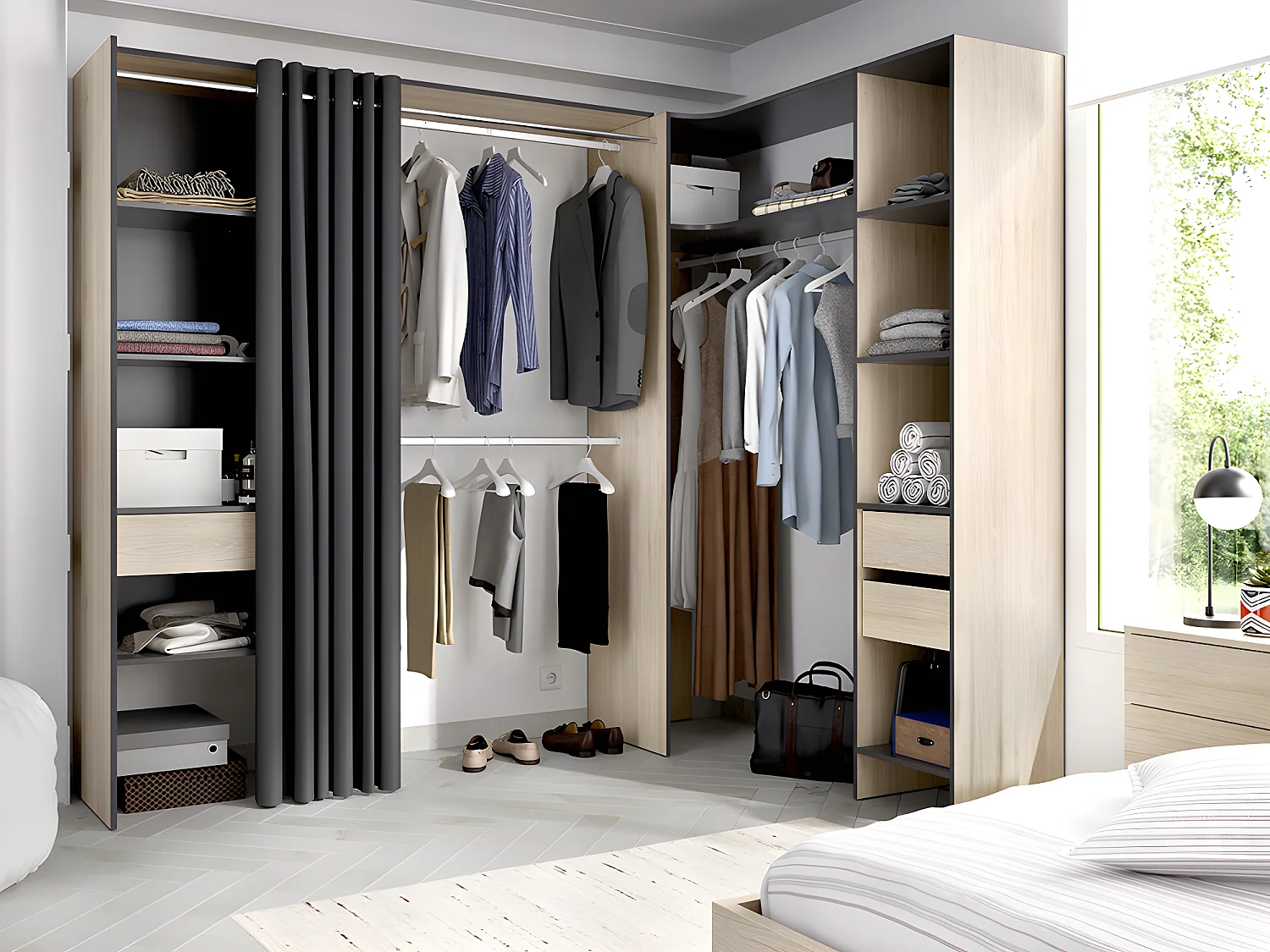 Dressing d'angle extensible GONTRAN - L164/214 cm - Chêne et anthracite