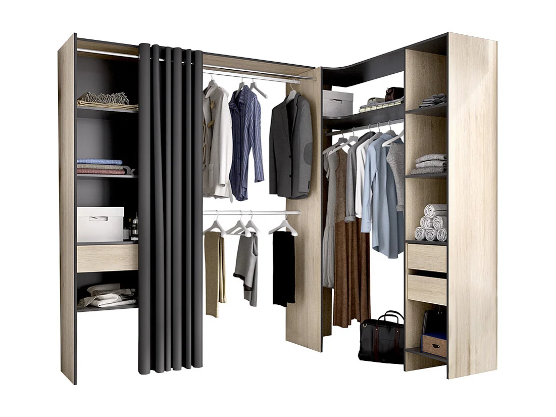Dressing d'angle extensible GONTRAN - L164/214 cm - Chêne et anthracite