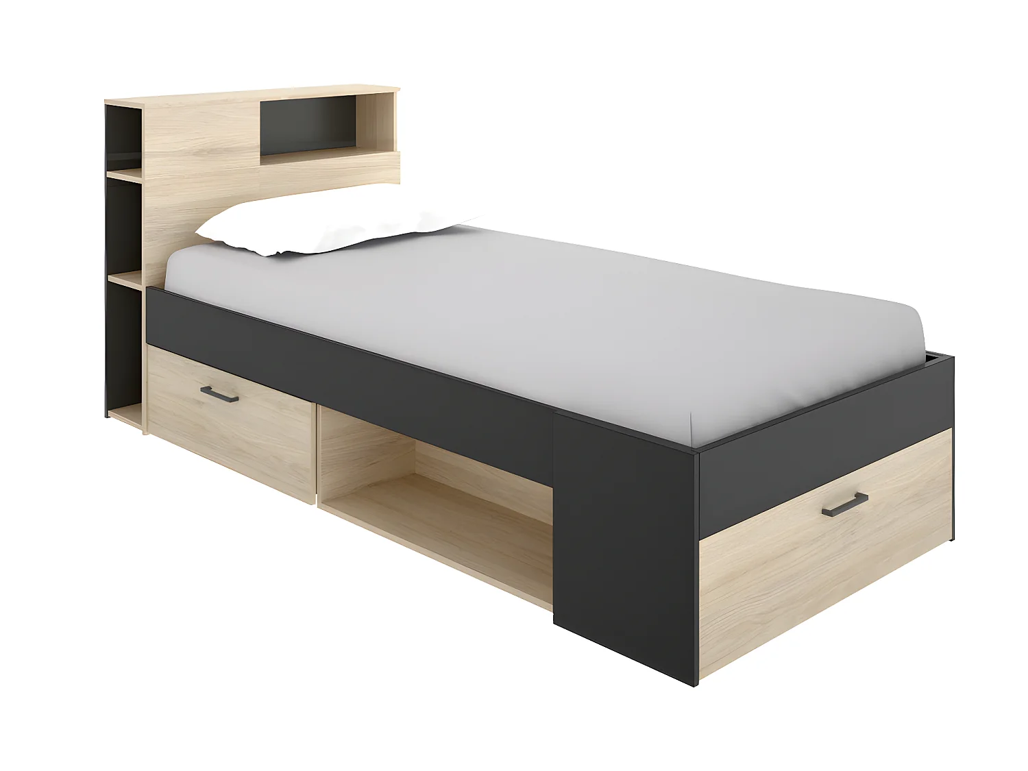 Lit avec tête de lit rangements et tiroir - 90 x 190 cm - Anthracite et naturel + matelas + sommier - LEANDRE