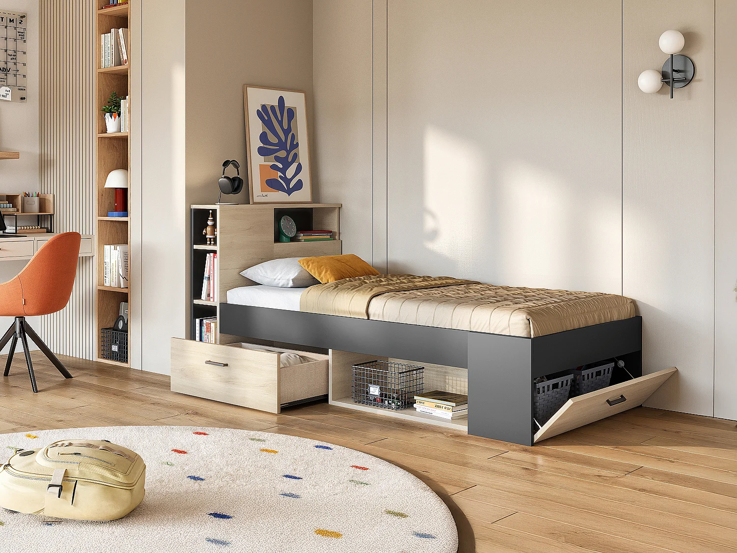 Lit avec tête de lit rangements et tiroir - 90 x 190 cm - Anthracite et naturel + matelas + sommier - LEANDRE