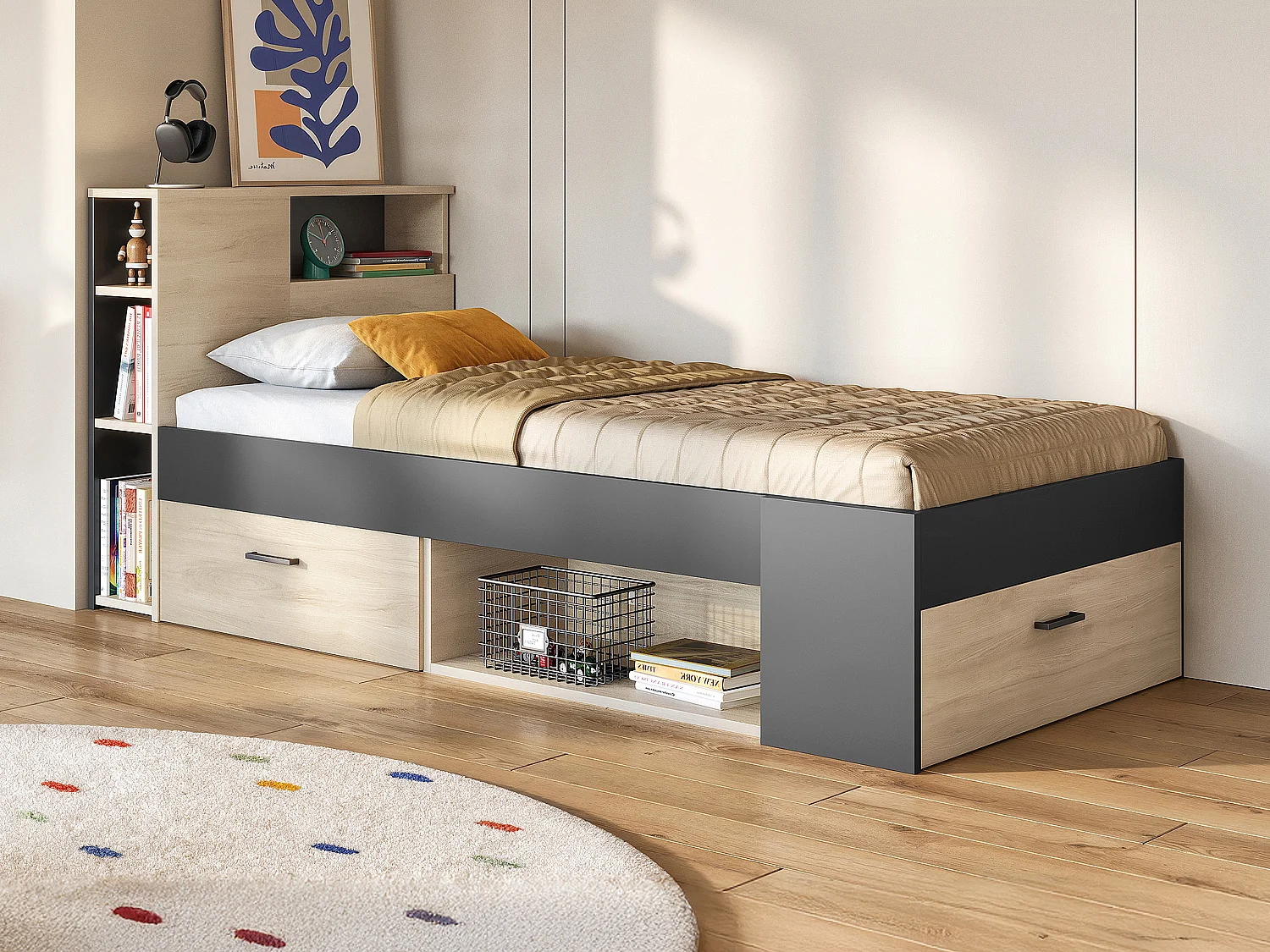 Lit avec tête de lit rangements et tiroir - 90 x 190 cm - Anthracite et naturel + matelas + sommier - LEANDRE