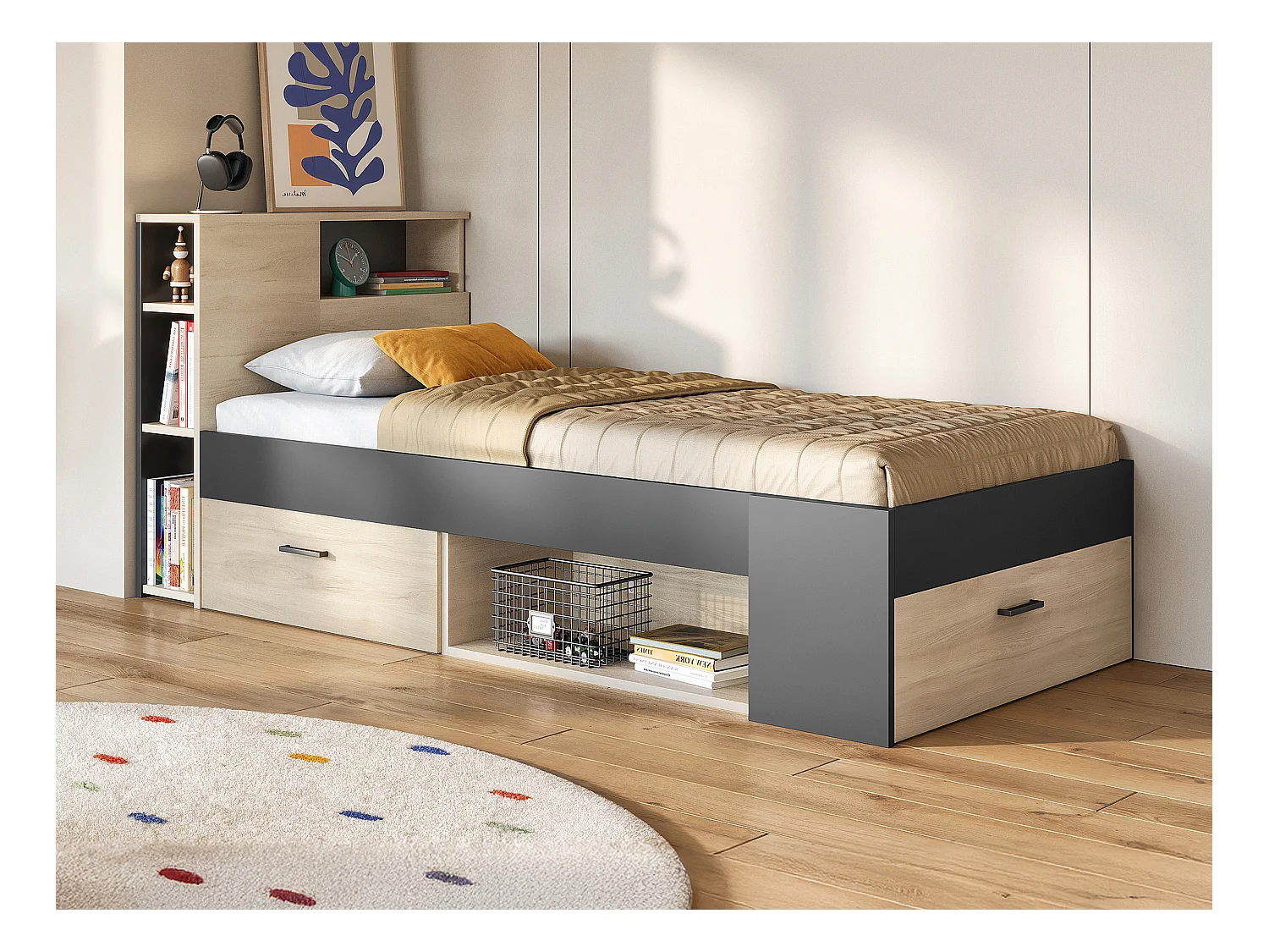 Bed met hoofdeinde, opbergruimte en lades - 90 x 190 cm - Eiken en naturel + Bedbodem en matras - LEANDRE