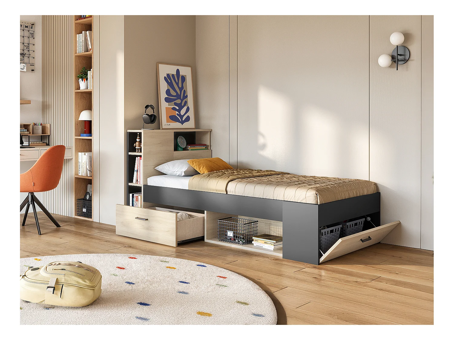 Cama con cabecero y cajón - 90 x 190 cm - Natural y antracita + colchón + somier - LEANDRE