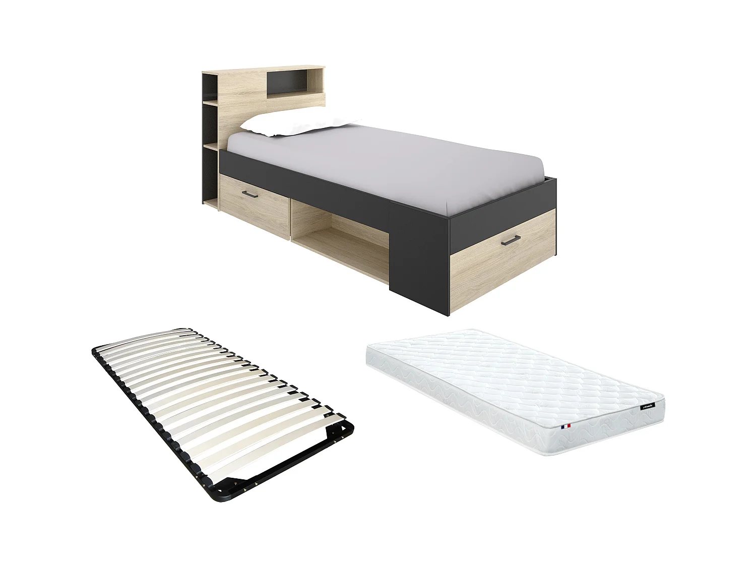 Cama con cabecero y cajón - 90 x 190 cm - Natural y antracita + colchón + somier - LEANDRE