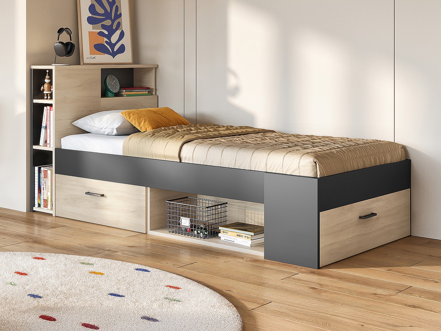 Bett mit Kopfteil, Stauraum & Schublade + Matratze + Lattenrost - 90 x 190 günstig online kaufen