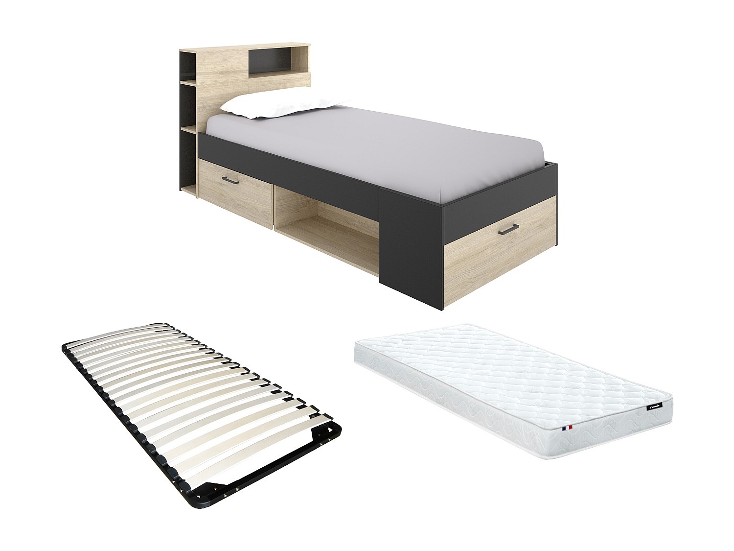 Bett mit Kopfteil, Stauraum & Schublade + Matratze + Lattenrost - 90 x 190 günstig online kaufen