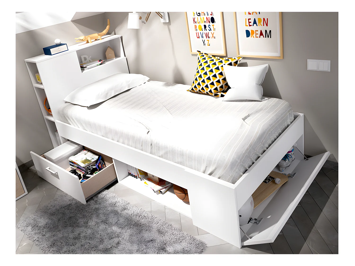 Bed met hoofdeinde, opbergruimte en lades - 90 x 190 cm - Wit + Bedbodem en matras - LEANDRE