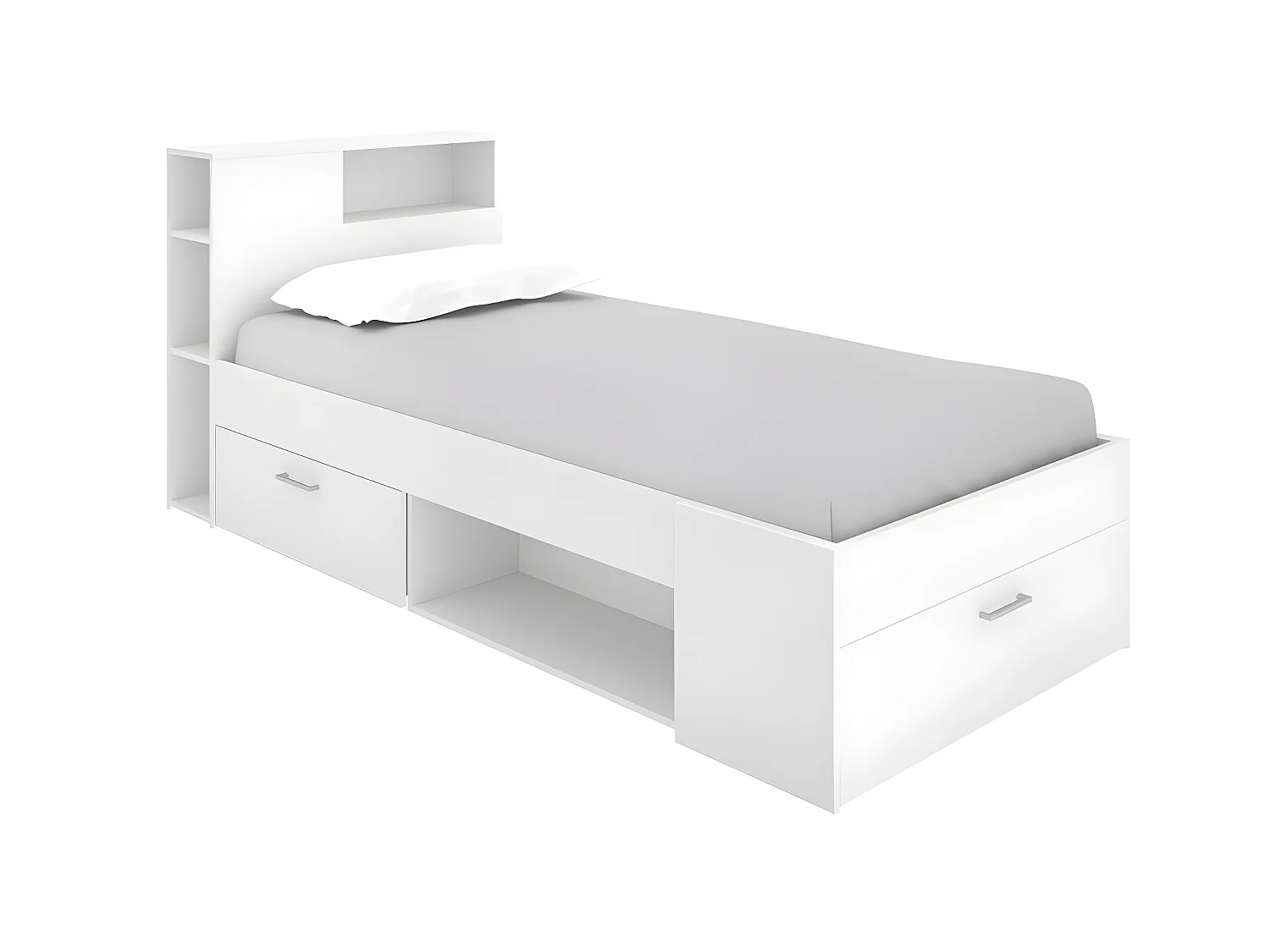 Lit avec tête de lit rangements et tiroir - 90 x 190 cm - Blanc + matelas + sommier - LEANDRE