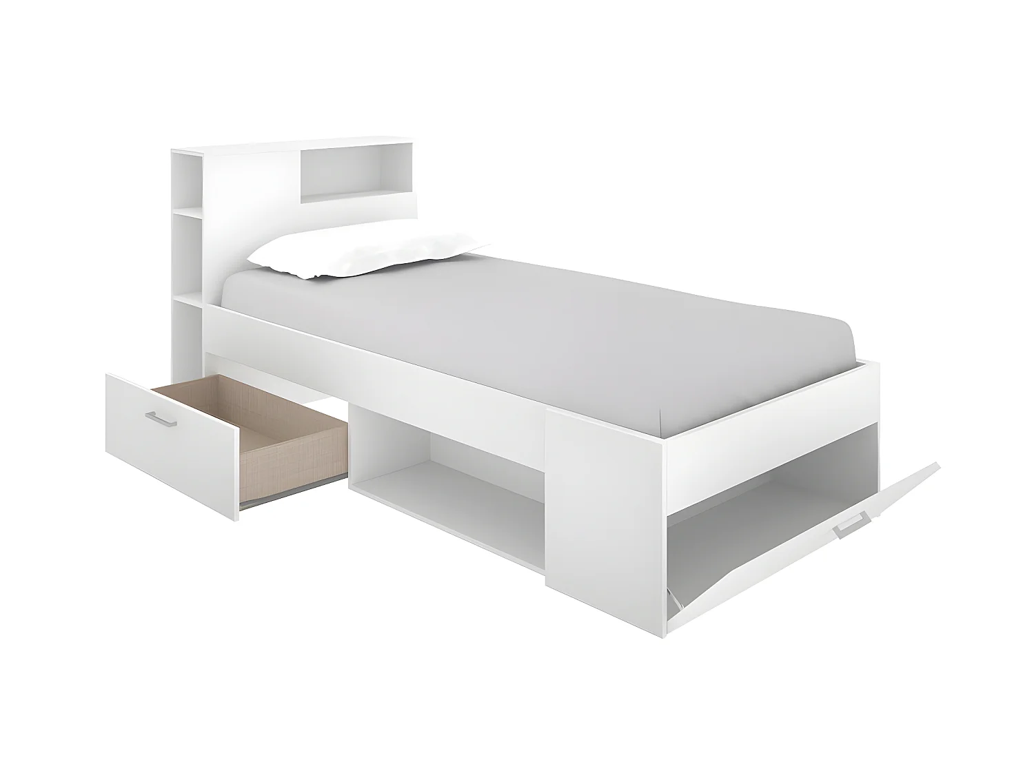 Lit avec tête de lit rangements et tiroir - 90 x 190 cm - Blanc + matelas + sommier - LEANDRE