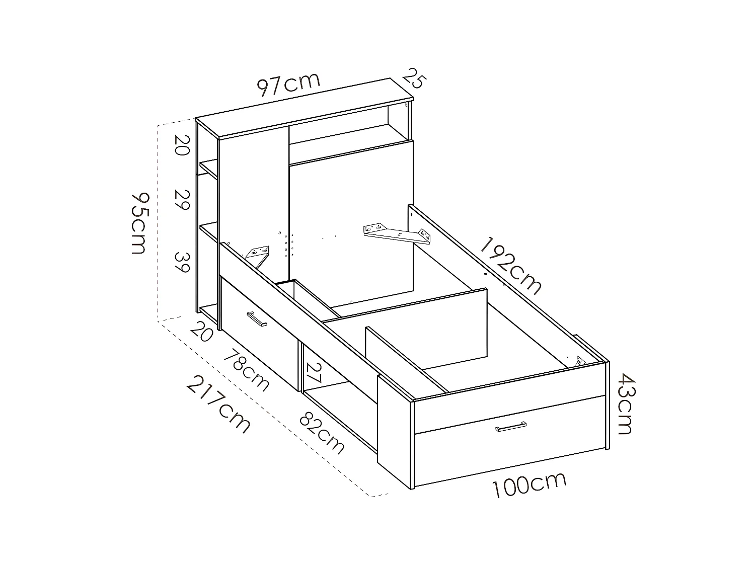 Lit avec tête de lit rangements et tiroir - 90 x 190 cm - Blanc + matelas + sommier - LEANDRE