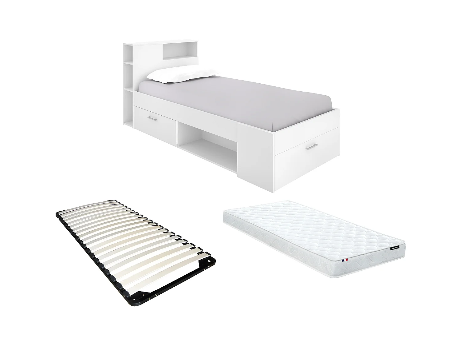 Lit avec tête de lit rangements et tiroir - 90 x 190 cm - Blanc + matelas + sommier - LEANDRE