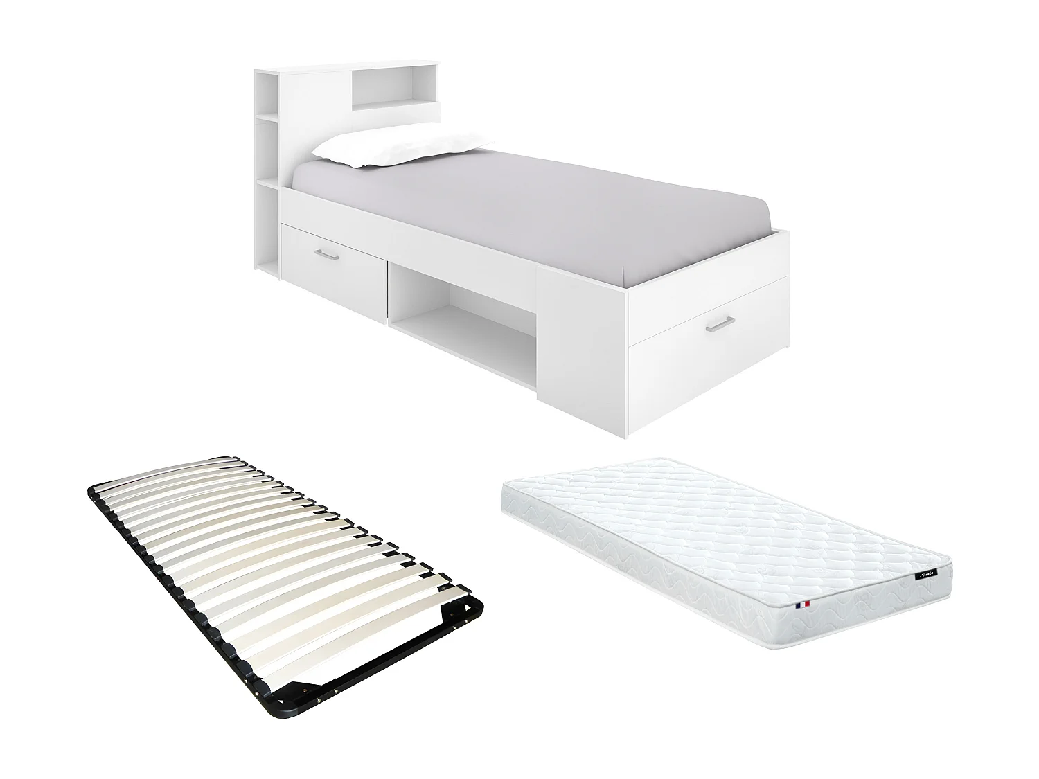 Lit avec tête de lit rangements et tiroir - 90 x 190 cm - Blanc + matelas + sommier - LEANDRE