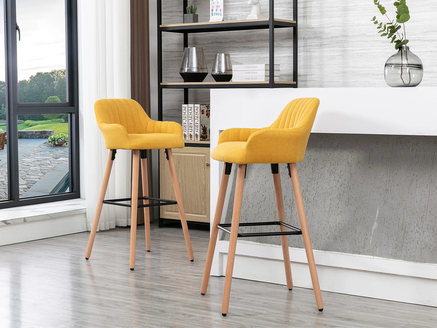 Tabouret de bar en tissu et pieds bois de hêtre - Jaune - ELEANA