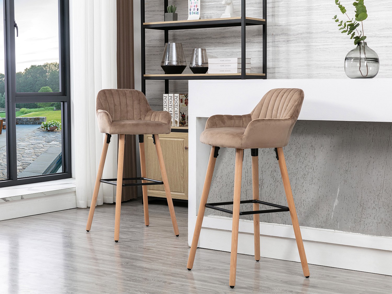 Vente-unique Barhocker - Samt & Buche - Beige - Eleana