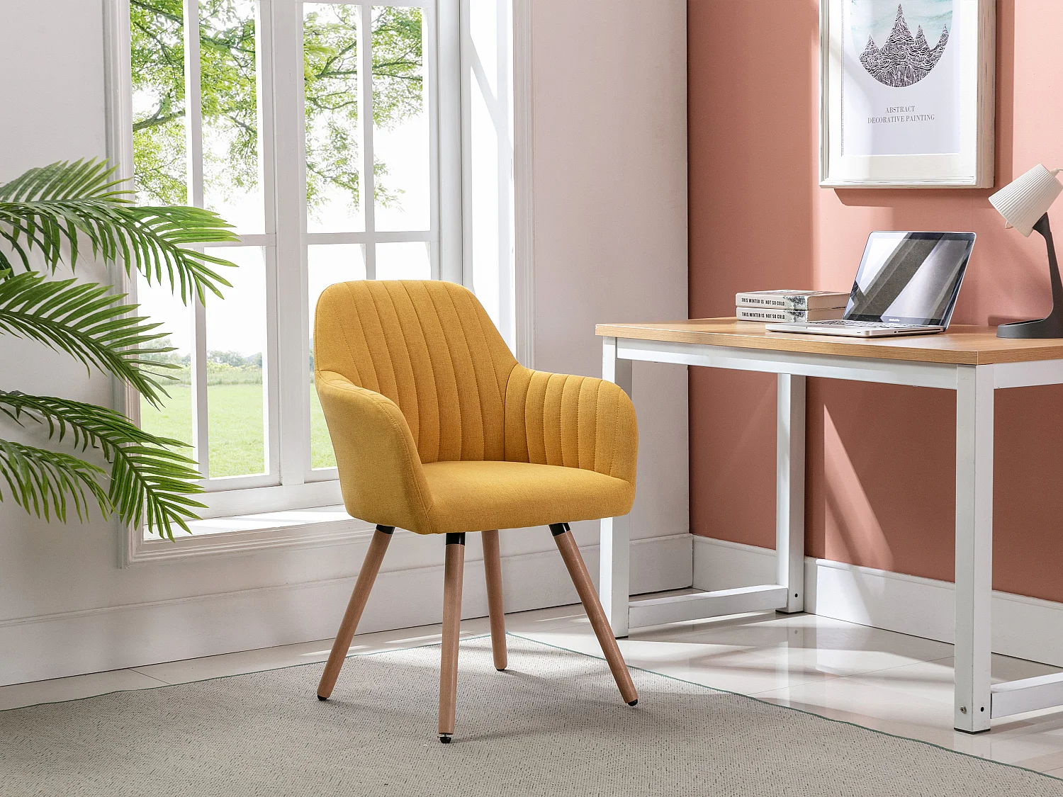 Chaise avec accoudoirs - Tissu et pieds bois de hêtre - Jaune - ELEANA