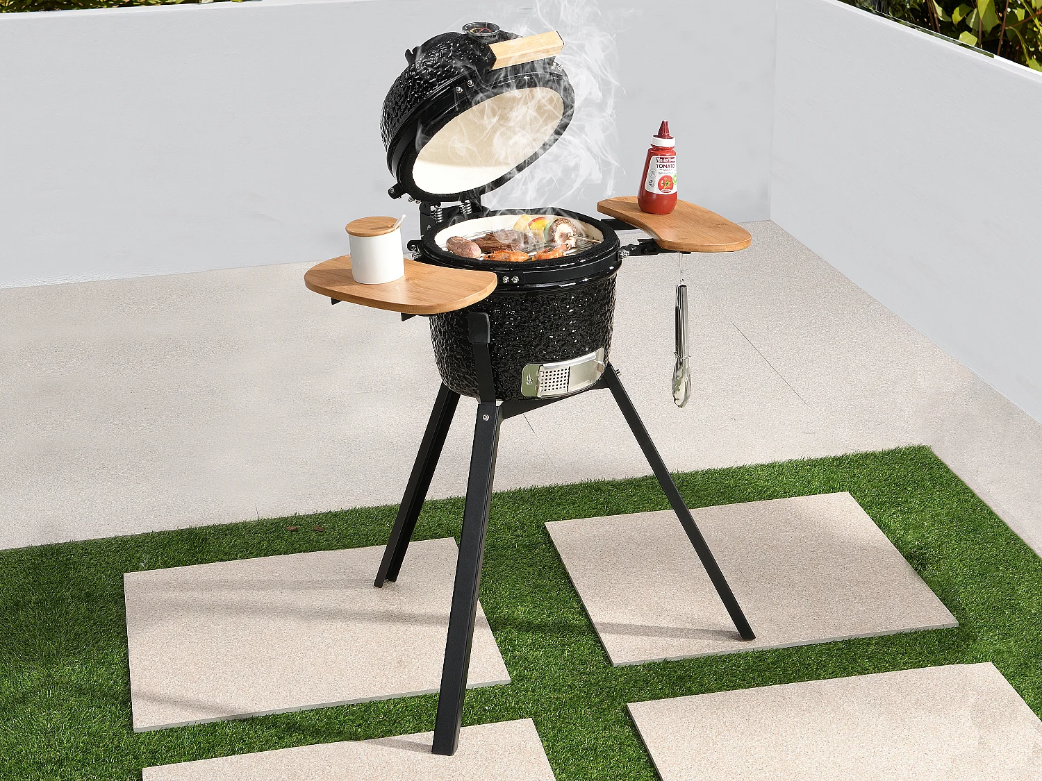 Barbecue kamado à charbon en céramique et bambou 32 x 52 x 94 cm - ERIKO