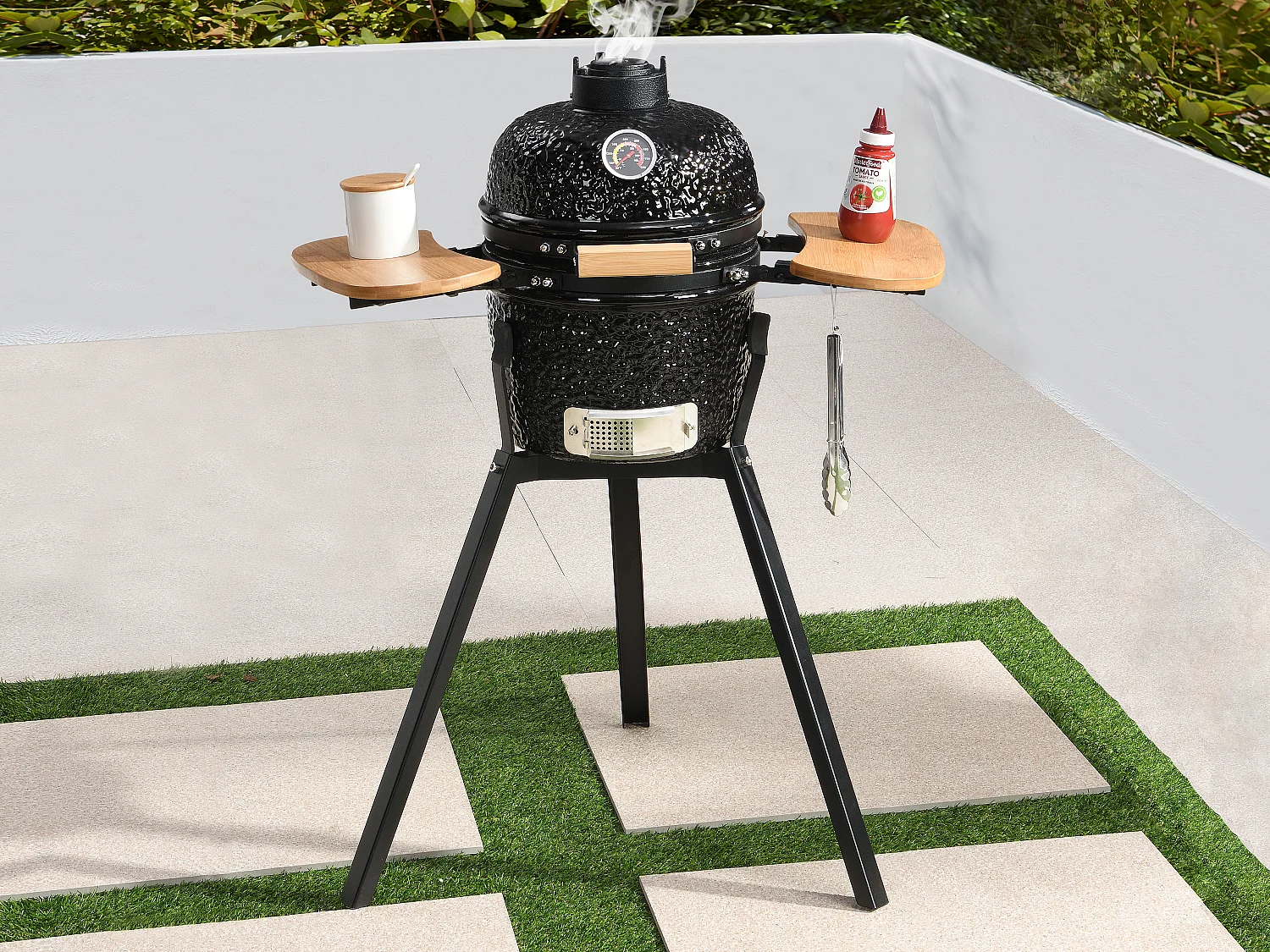Barbecue kamado à charbon en céramique et bambou 32 x 52 x 94 cm - ERIKO