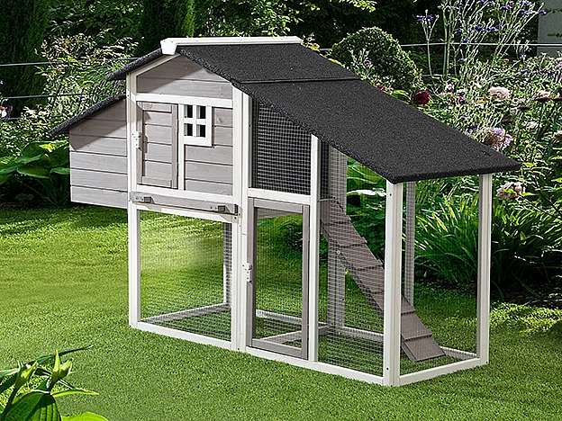 Pollaio in Legno con recinto 4 galline L. 173 x P. 64 x H. 108 cm Bianco e Grigio - LEVAS