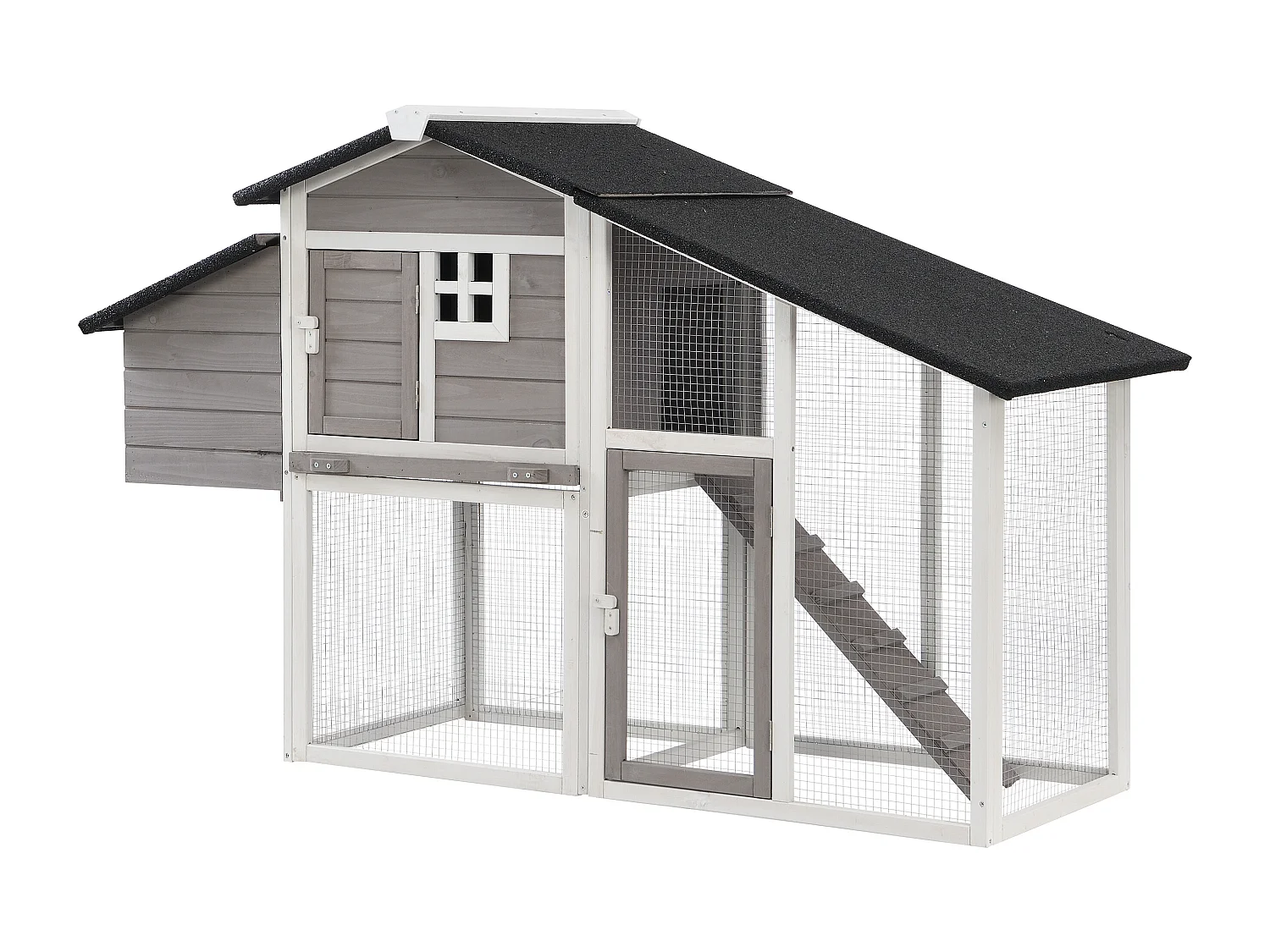 Kippenhok van hout met omheining - 4 kippen - L173 x D64 x H108 cm - Wit en grijs - LEVAS