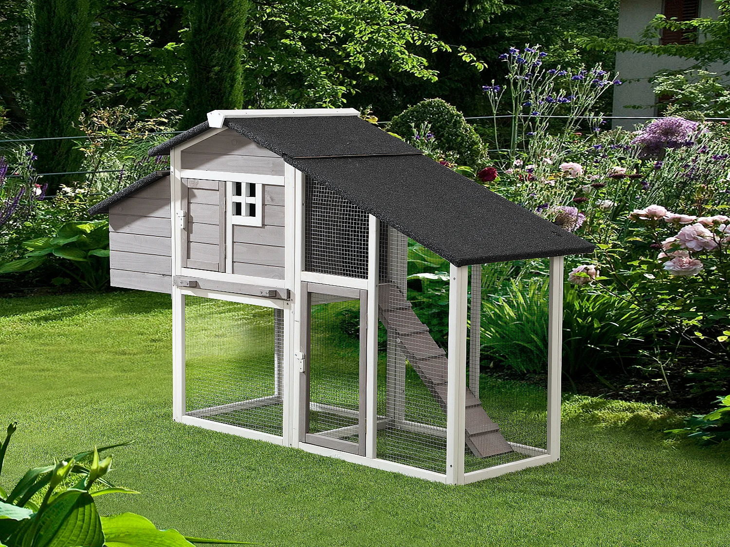 Poulailler en bois avec enclos - 4 poules - L. 173 x P.  64 x H. 108 cm - Blanc et gris - LEVAS