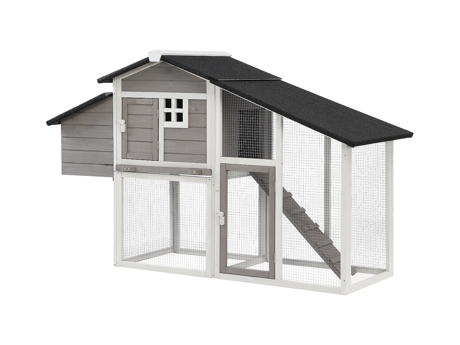 Hønsehus i træ med indhegning til 4 høns i hvid og grå 173 × 64 × 108 cm LEVAS