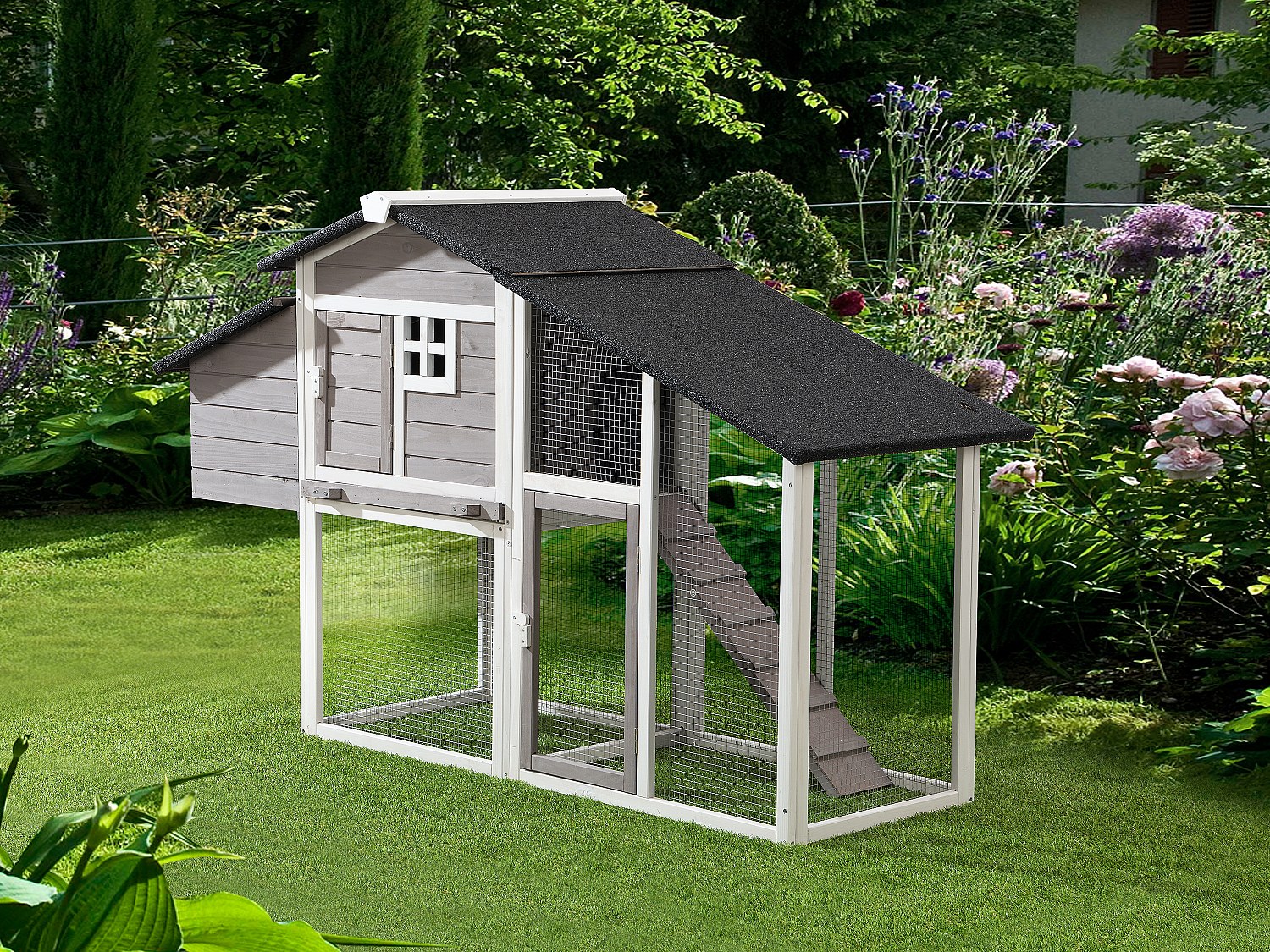 Vente-unique Hühnerstall Aus Holz Mit Freilaufgehege - Für 4 Hühner - 173 X 64 X 108 Cm - Weiß Und Grau - Levas