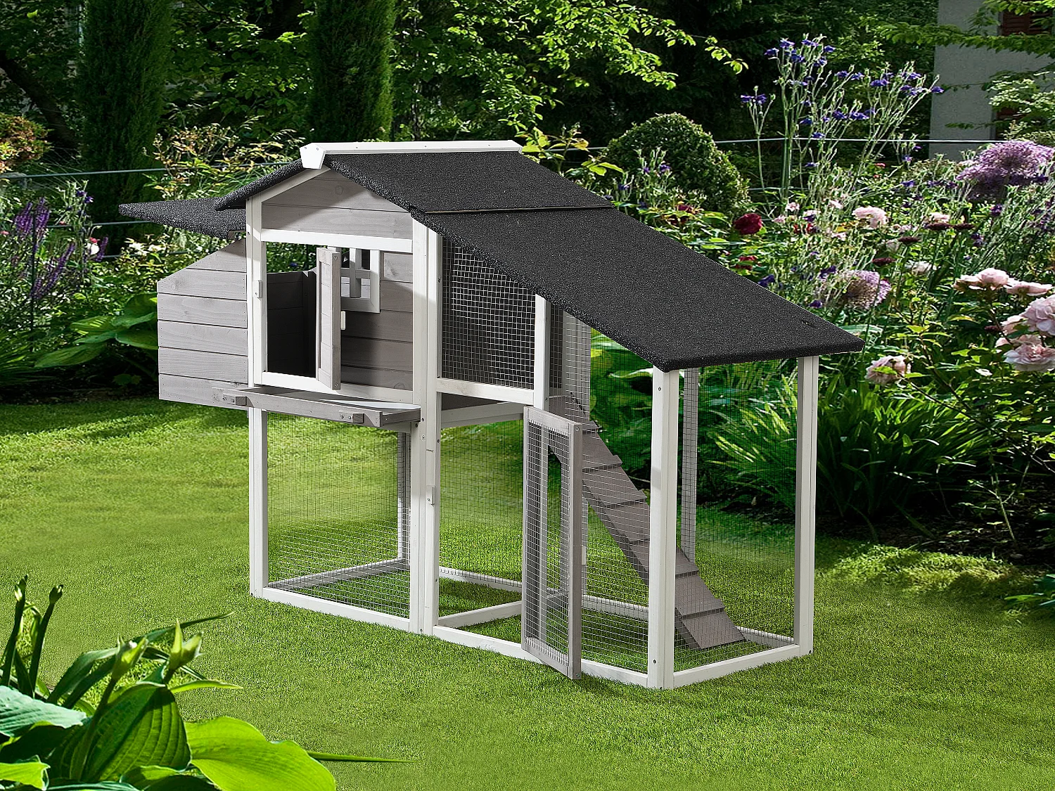 Hönshus med utegård för 4 hönor  i vit och grå trä 173 × 64 × 108 cm LEVAS