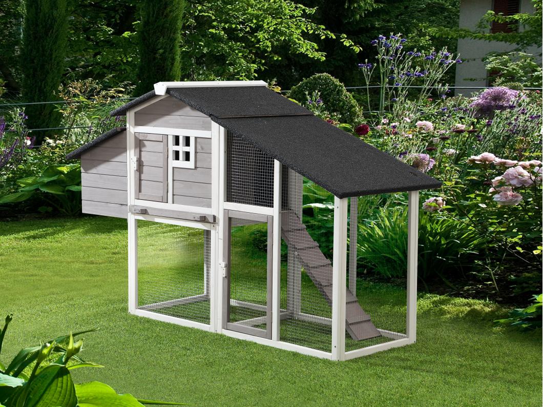 Pollaio in Legno con recinto 4 galline L. 173 x P. 64 x H. 108 cm Bianco e Grigio - LEVAS