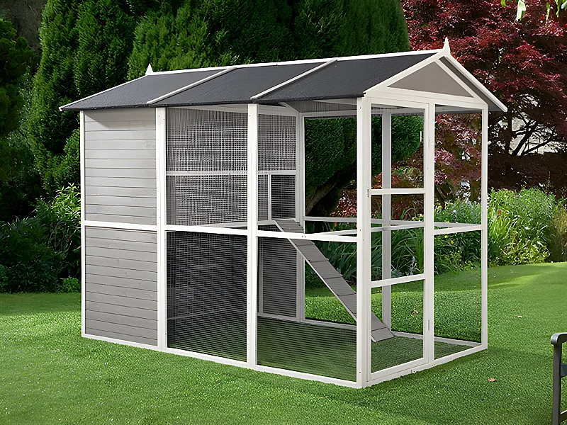 Kippenhok van hout met omheining - 10 kippen - L266 x D174 x H205 cm - Wit - FERAS