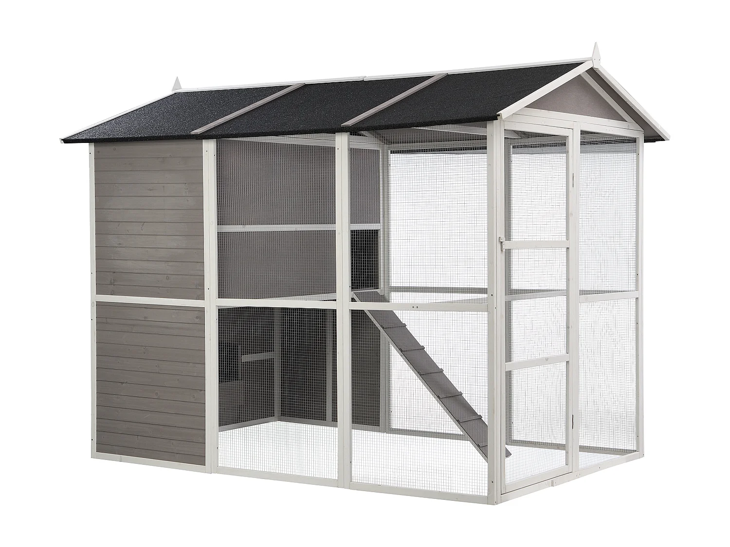 Poulailler en bois avec enclos - 10 poules - L. 266 x P. 174 x H. 205 cm - Blanc et gris - FERAS