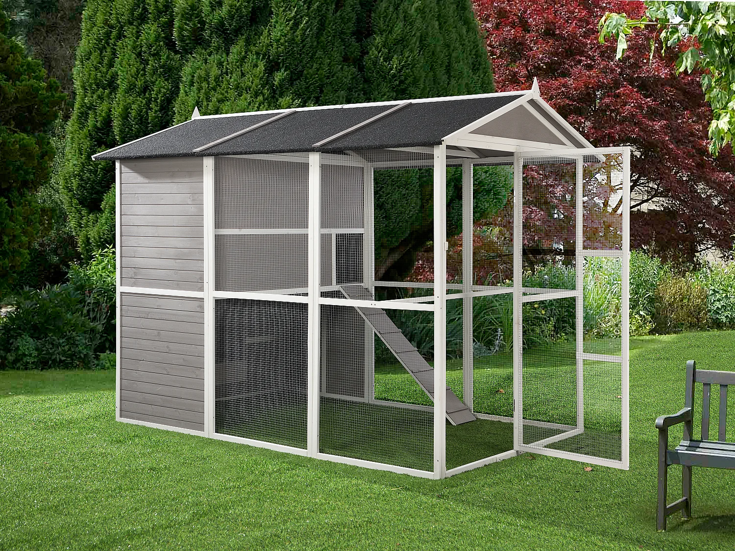 Poulailler en bois avec enclos - 10 poules - L. 266 x P. 174 x H. 205 cm - Blanc et gris - FERAS