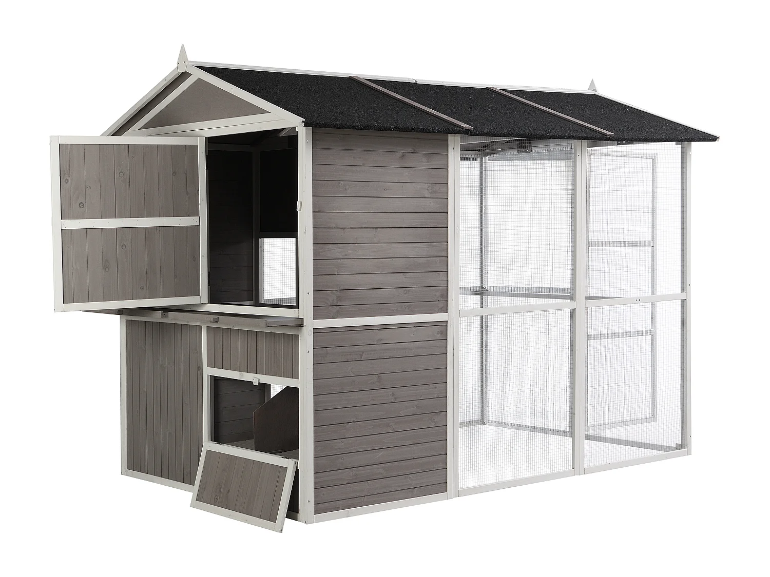 Poulailler en bois avec enclos - 10 poules - L. 266 x P. 174 x H. 205 cm - Blanc et gris - FERAS