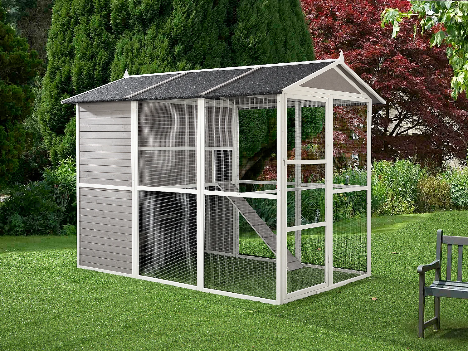 Poulailler en bois avec enclos - 10 poules - L. 266 x P. 174 x H. 205 cm - Blanc et gris - FERAS