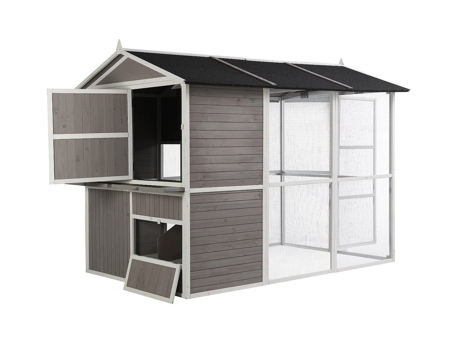 Poulailler en bois avec enclos - 10 poules - L. 266 x P. 174 x H. 205 cm - Blanc et gris - FERAS