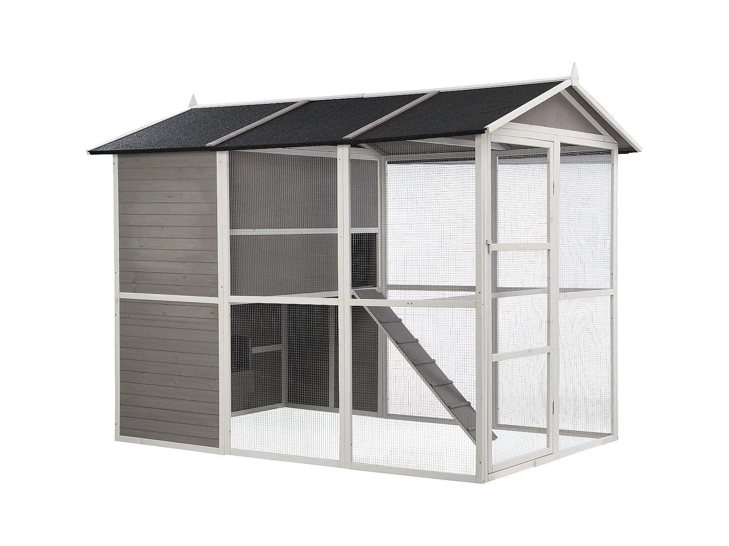 Poulailler en bois avec enclos - 10 poules - L. 266 x P. 174 x H. 205 cm - Blanc et gris - FERAS