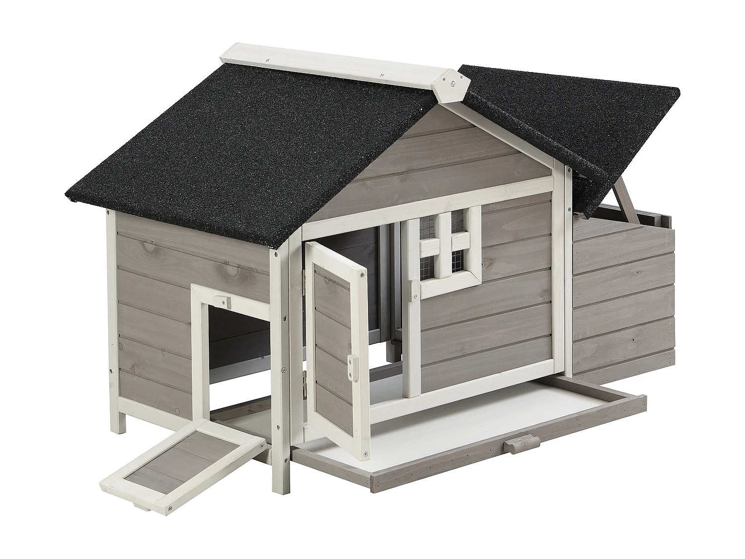 Poulailler en bois avec pondoir - 2 poules - L. 106 x P. 64 x H.71 cm - Blanc et gris - ANSER