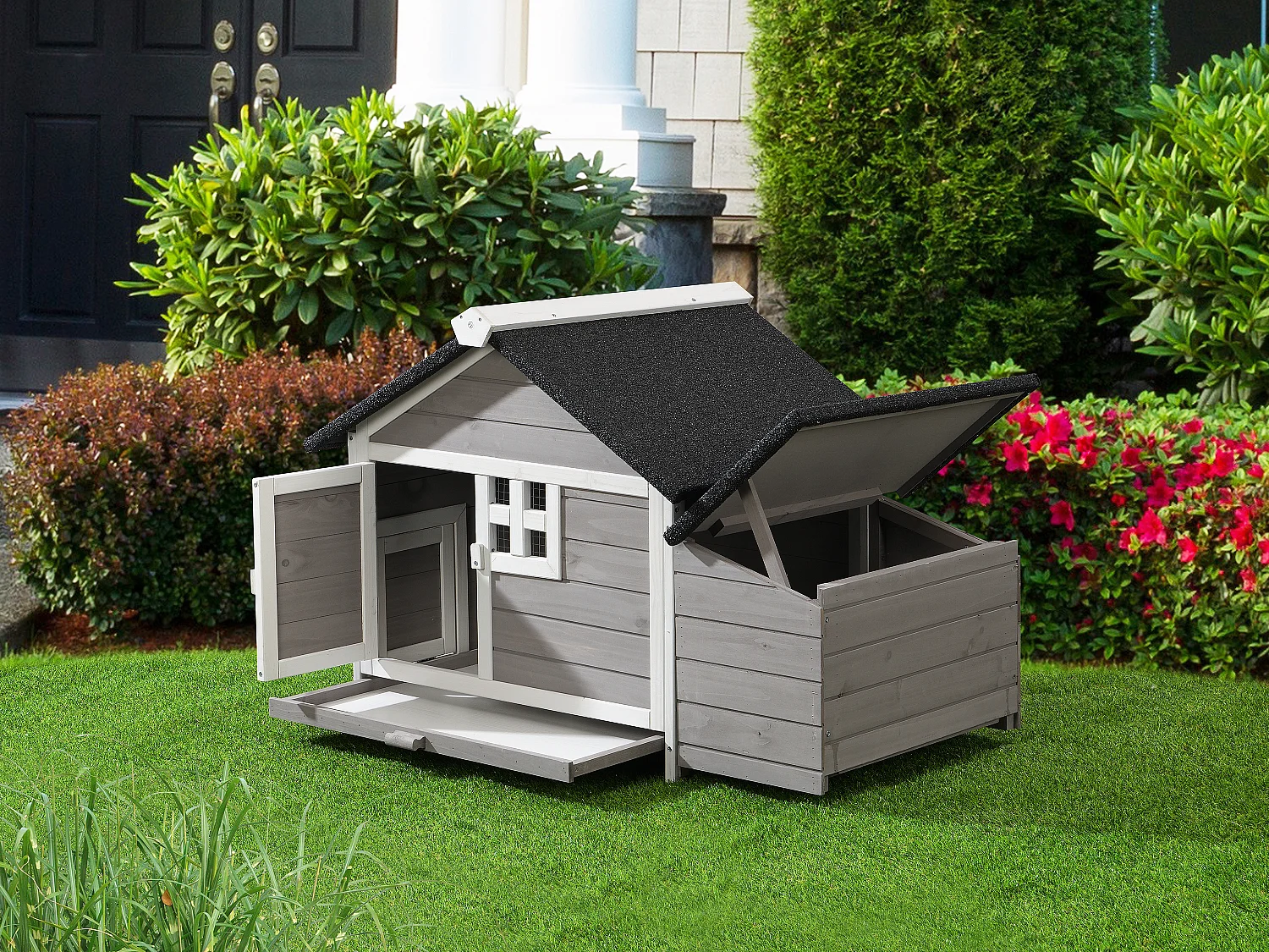 Poulailler en bois avec pondoir - 2 poules - L. 106 x P. 64 x H.71 cm - Blanc et gris - ANSER