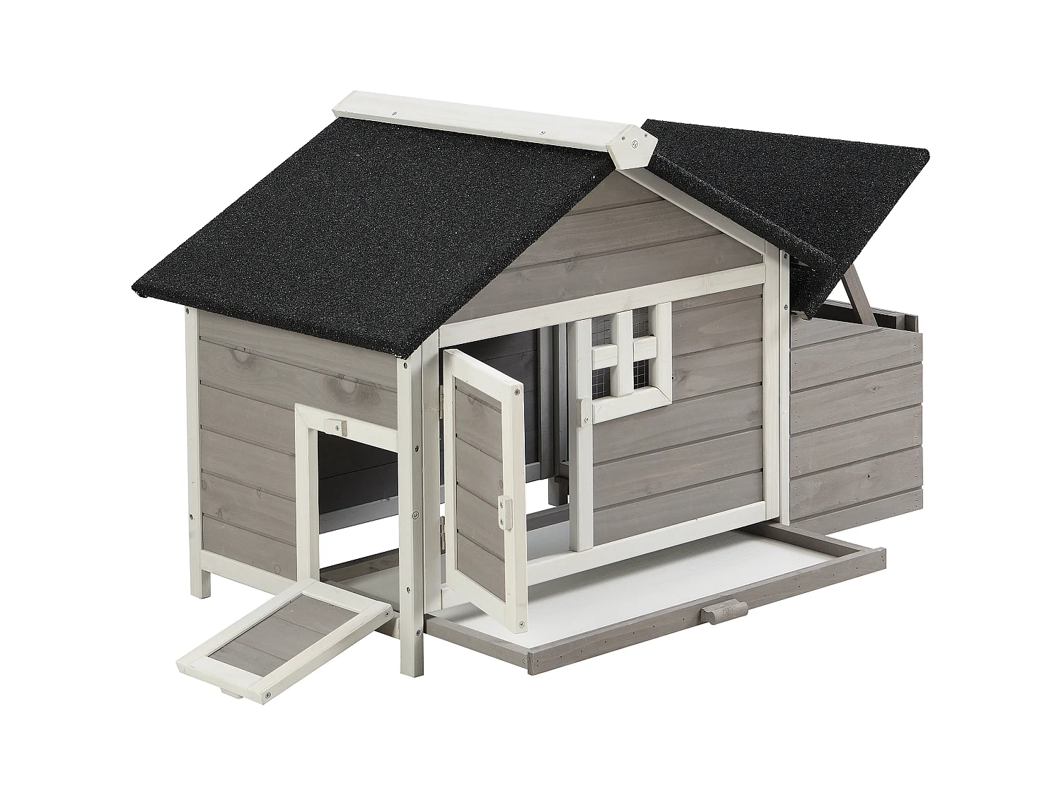 Gallinero de madera con ponedero - 2 gallinas - Ancho 106 x Prof. 64 x A. 71 cm - Blanco y gris - ANSER