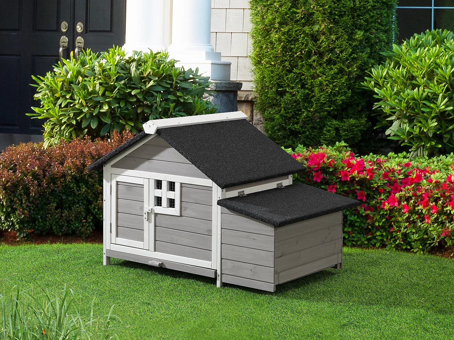 Gallinero de madera con ponedero - 2 gallinas - Ancho 106 x Prof. 64 x A. 71 cm - Blanco y gris - ANSER